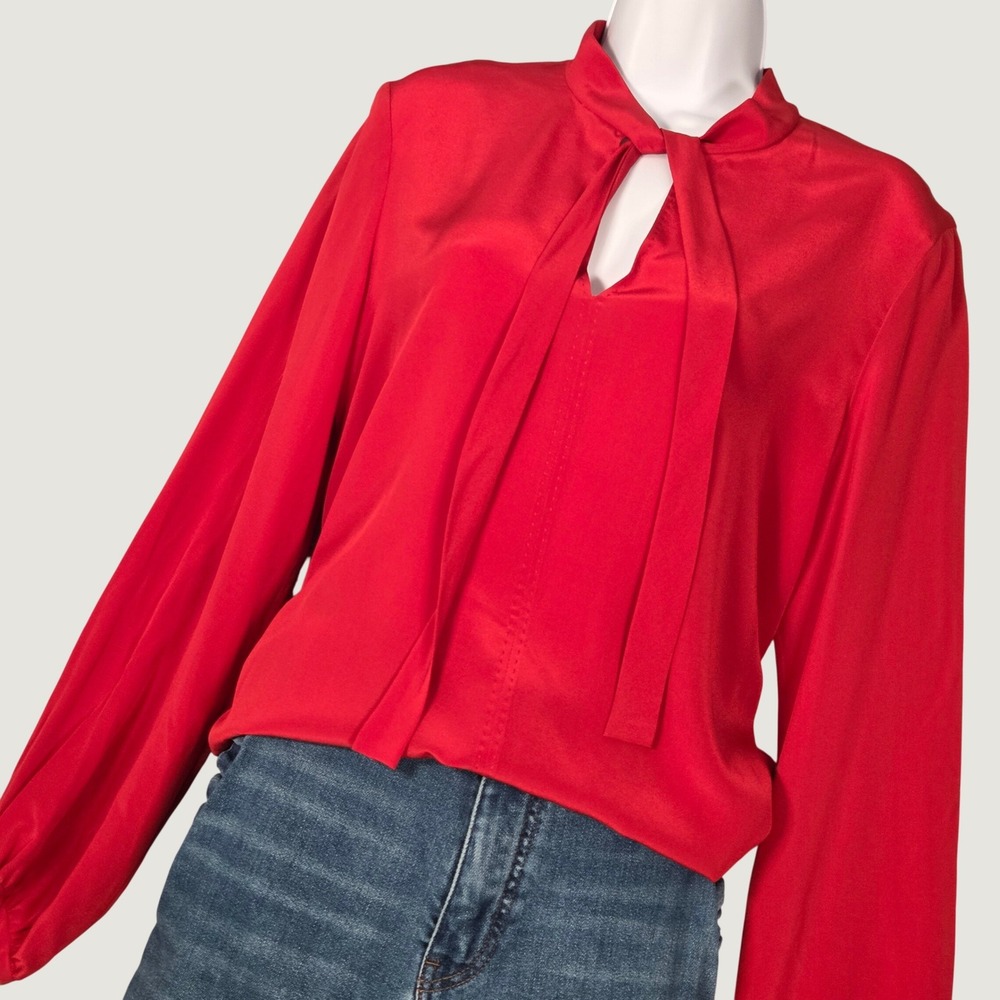 Carolina Herrera Womens 10 Pure Silk Tie Neck Blouse Red Puff Long Sleeve Career